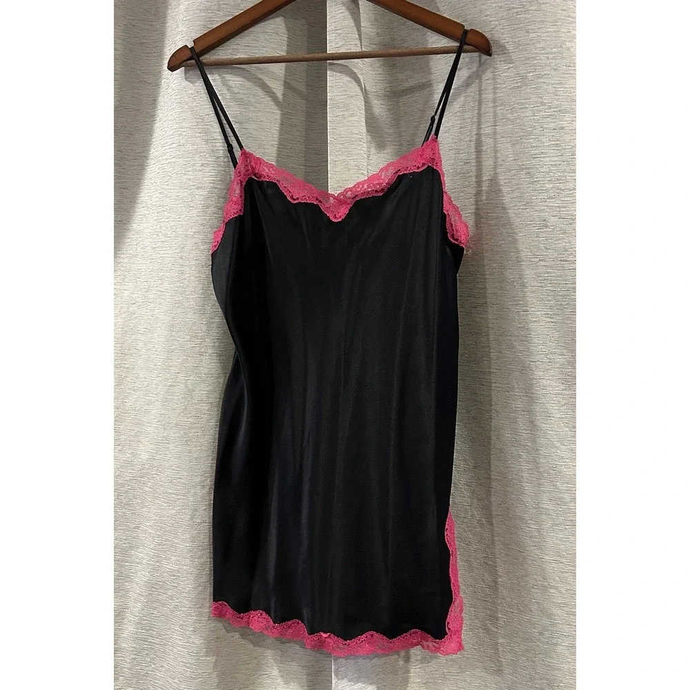 Y2K Vintage Sexy Victoria's‎ Secret Black With Pink Lace Slip Dress Size Large